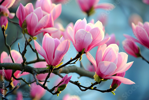 Pink magnolia blossoms in soft light. Vibrant magnolia flowers on a branch. Spring magnolia bloom  close-up view