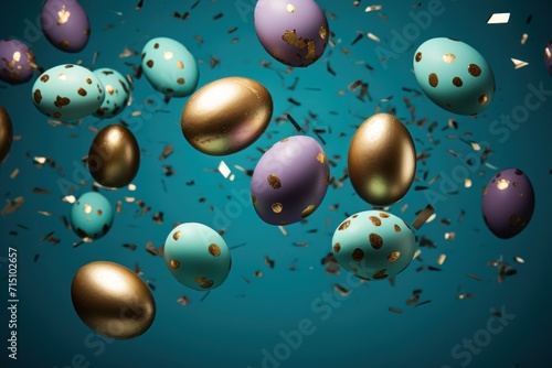  a group of gold and blue eggs with confetti sprinkles on a teal blue background.