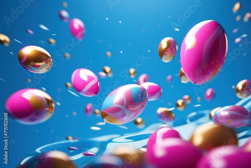  a bunch of pink and gold balls floating in the air with a blue sky in the back ground and a blue sky in the background.