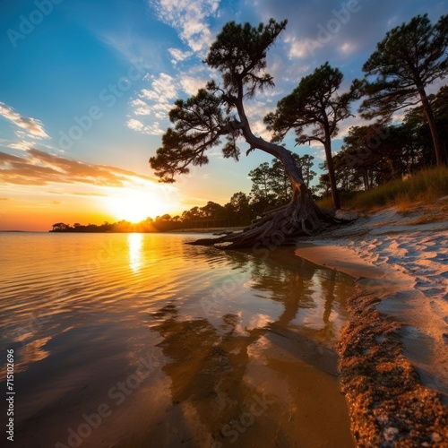  a tree that is sitting in the sand near the water and a body of water with a sunset in the background. © Nadia