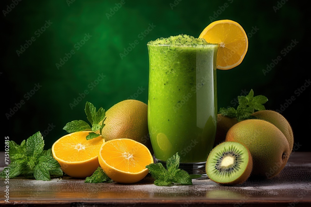  a green smoothie with kiwi, oranges, and mint on a wooden table with a green background.