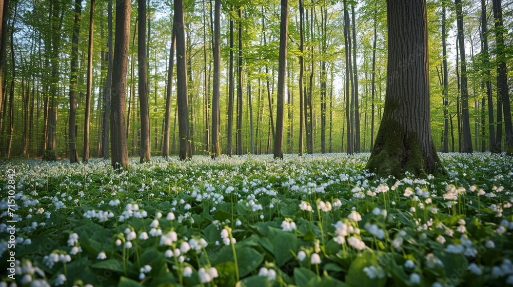 Obraz premium A picturesque woodland clearing blanketed with lily of the valley, creating a sea of fragrant blossoms beneath towering trees. The contrast between the tiny blooms and the majestic