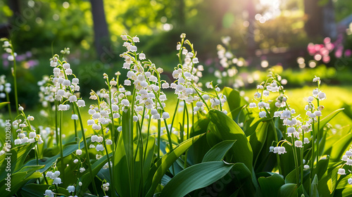 A pristine garden adorned with lush carpets of lily of the valley, their delicate white bells nodding gracefully in the dappled sunlight. The enchanting scene captures the timeless