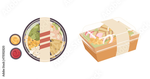 Seafood bento lunch box traditional Japanese or Chinese fast food with spices and sauce packs