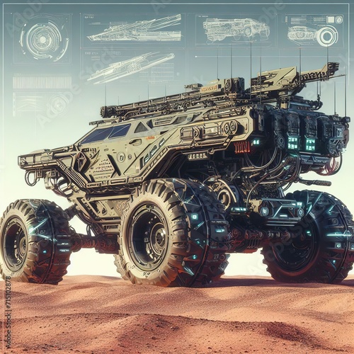 Futuristic desert vehicle, combining rugged desert functionality with advanced tech modification 