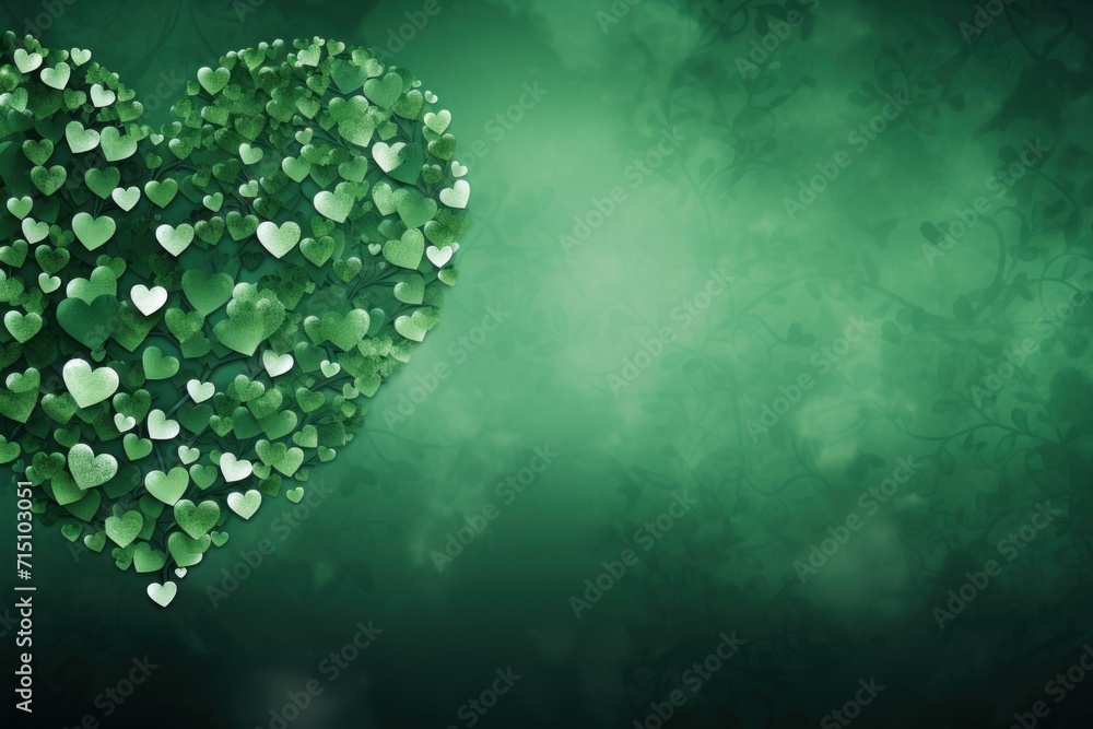 a heart - shaped arrangement of green hearts on a green background with a boke of small hearts in the shape of a heart. a heart - shaped arrangement of green hearts on a green background with a boke of small hearts in the shape of a heart.