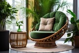  a green chair sitting on top of a rug next to a potted plant and a potted plant in front of a window.