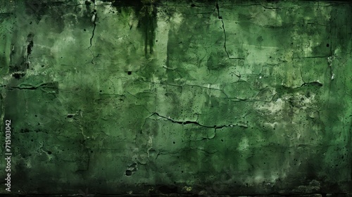  a grungy green wall with peeling paint and a black cat sitting on the ground in front of it.