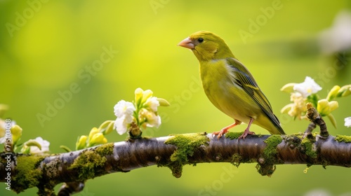  a small yellow bird perched on a branch of a tree with white and green flowers on it's branches.