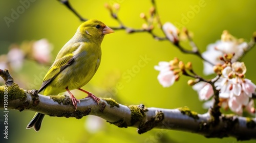  a small yellow bird perched on a branch of a tree with pink flowers in the foreground and a green background.