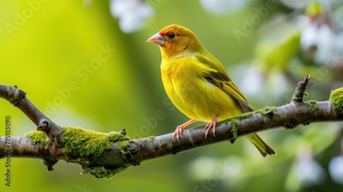  a yellow bird sitting on a tree branch with moss growing on it's sides and a blurry background.