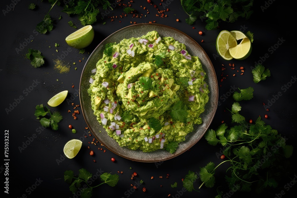 a bowl filled with guacamole surrounded by cilantro, limes, and lime wedges. a bowl filled with guacamole surrounded by cilantro, limes, and lime wedges.