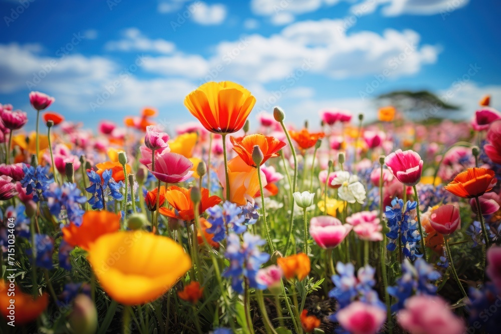 a field full of colorful flowers under a blue sky with a few clouds in the background and a blue sky with a few clouds in the background.