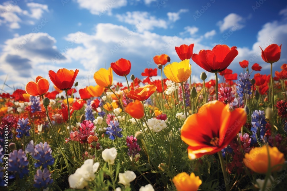a field full of red, yellow, and white flowers under a blue sky with some clouds in the background. a field full of red, yellow, and white flowers under a blue sky with some clouds in the background.