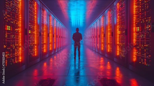 man standing inside a server room. room filled with servers and data server. businessman in the city. silhouette of a person in a tunnel