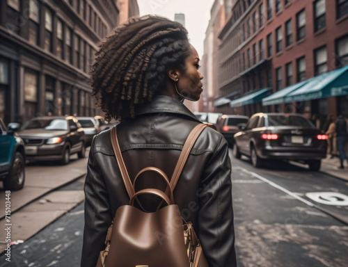 Woman walking in the middle of a big street. Big city. New York. Black and african woman. Generative AI 