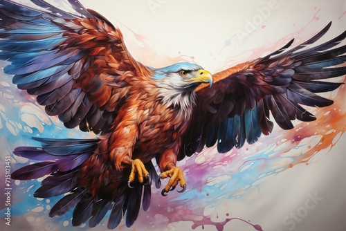  a painting of a bird of prey in flight with its wings spread wide and spread out  painted with acrylic paint on a white background.