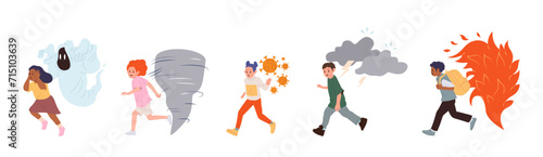 Children running in fear from dangerous situation as ghost, tornado, virus, fire and thunderstorm