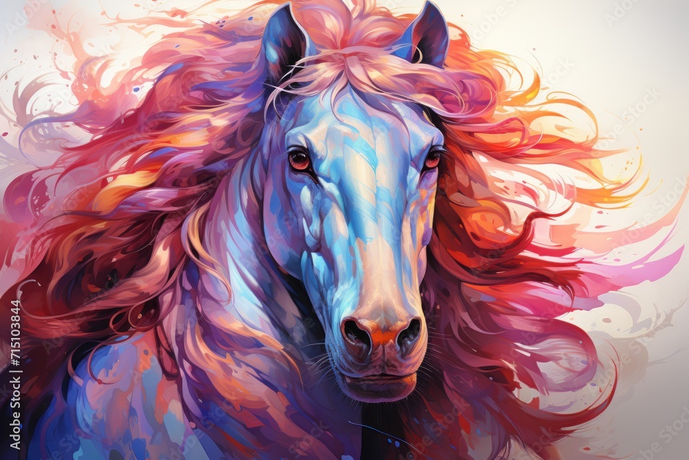  a painting of a horse's head with red, white, and blue streaks on it's face.