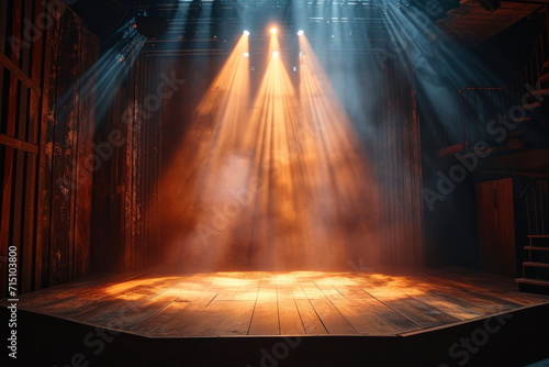 Vibrant Geometric Stage with Colorful Spotlight Beams and Haze, Copy Space