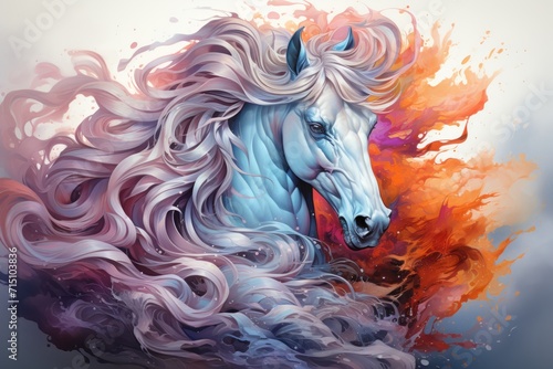  a painting of a white horse with a long mane and red, orange, and blue swirls around it.