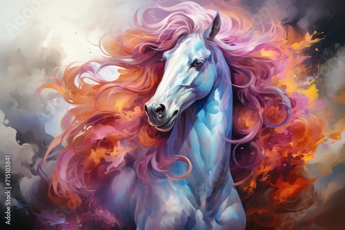  a painting of a white horse with pink and orange hair on it's head, with a black background.