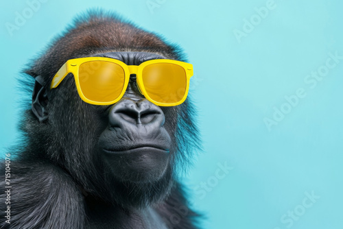 Gorilla with yellow sunglasses in a light blue pastel background. Space for text. © Synaptic Studio