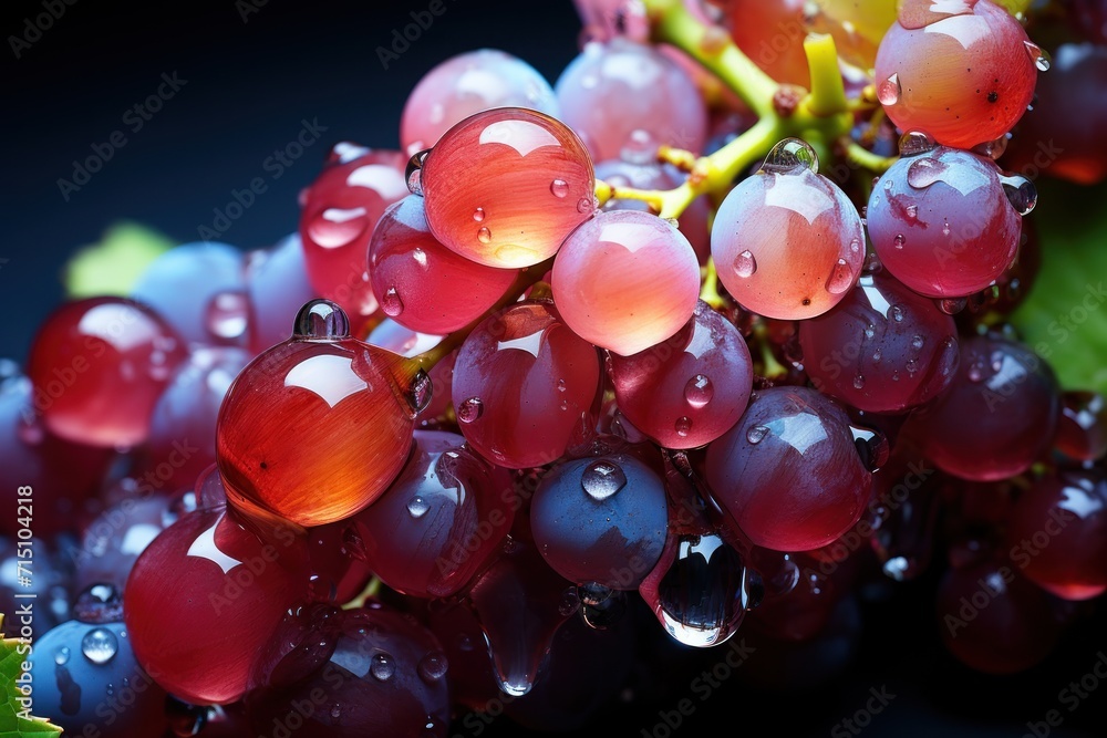 a close up of a bunch of grapes with drops of water on the leaves and the fruit is ready to be eaten. a close up of a bunch of grapes with drops of water on the leaves and the fruit is ready to be eaten.