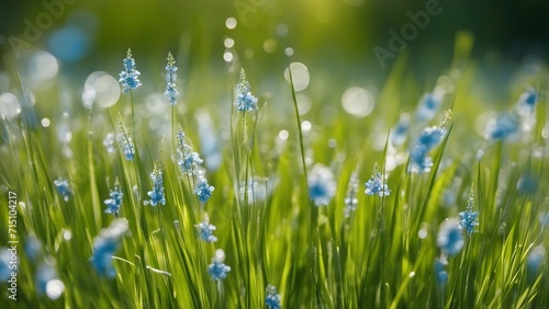 grass and water drops blue flowers in the grass 