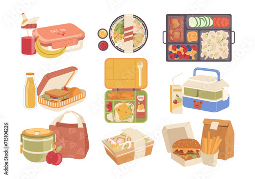 School lunch boxes, fast food containers, packed meals and drinks, healthy nutrition bags set