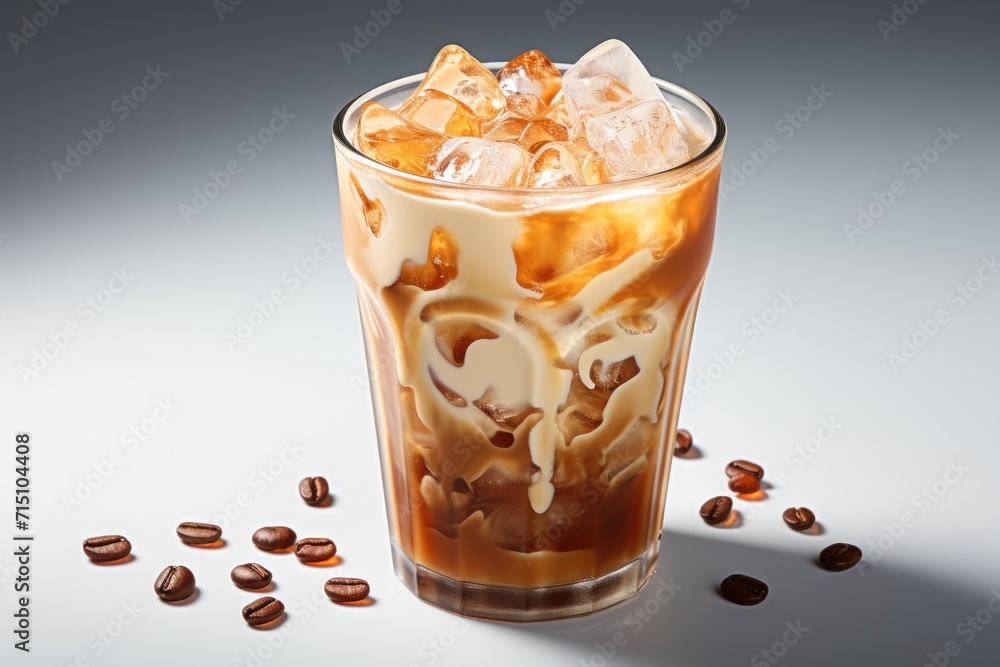 a glass of iced coffee with ice and coffee beans on a gray background with a shadow of coffee beans on the bottom of the glass. a glass of iced coffee with ice and coffee beans on a gray background with a shadow of coffee beans on the bottom of the glass.
