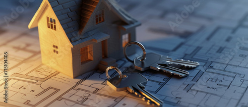 A miniature house on blueprints with keys signifies new ownership and architectural dreams photo