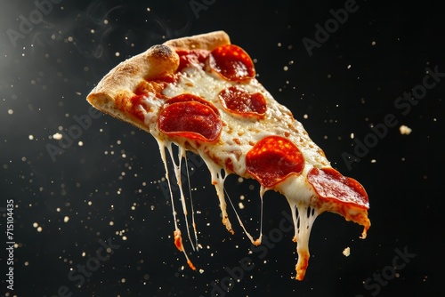 A flying slice of pepperoni pizza with stretching cheese on a black background