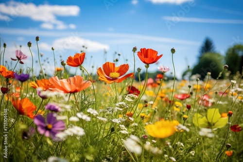  a field full of colorful flowers under a blue sky with a few clouds in the sky in the distance is a field of wildflowers and daisies in the foreground.