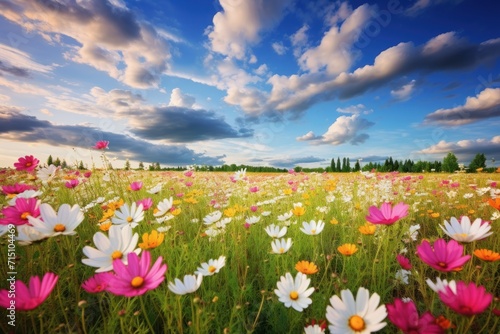  a field full of colorful flowers under a blue sky with a few clouds in the sky and a pink and white daisy in the foreground.