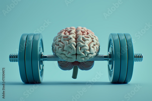A determined mind pushes past physical barriers as a brain lifts a barbell amidst a sea of exercise equipment, fueled by the passion of sport and the drive to conquer weights and wheels