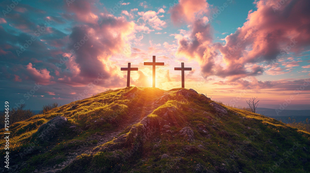 Fototapeta premium Mount Golgotha with three crosses on it