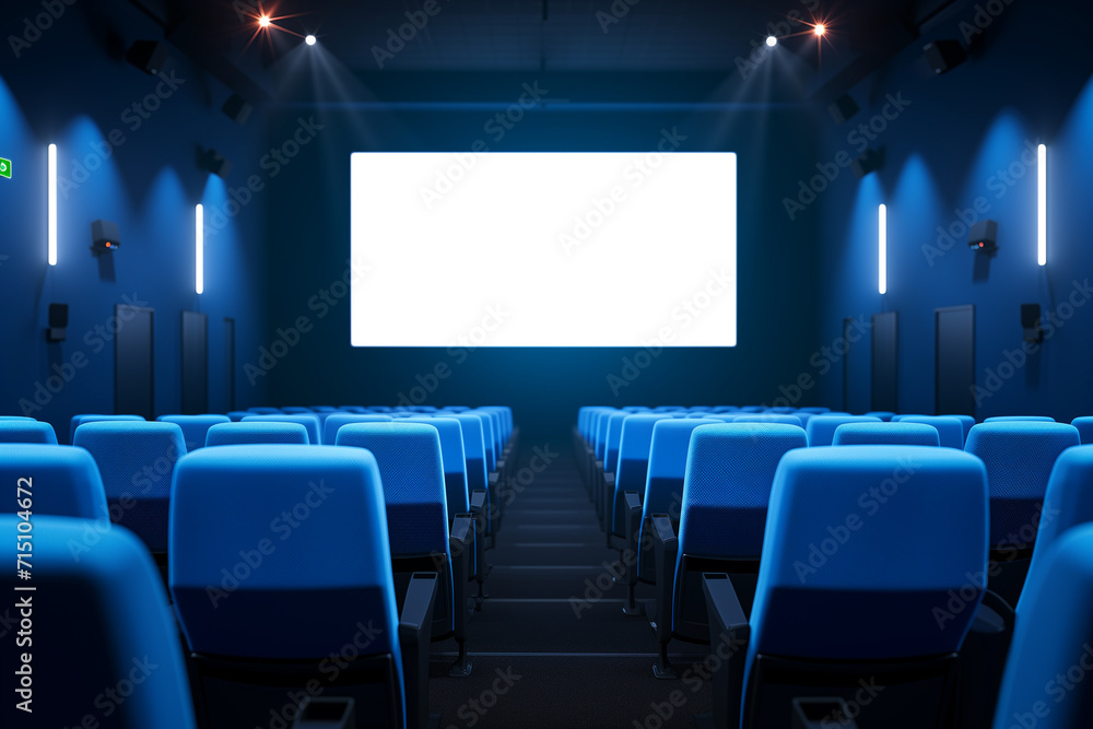 Modern Cinema Hall with Blue Seats and Blank Screen Ready for Movie Premiere or Private Screening Event