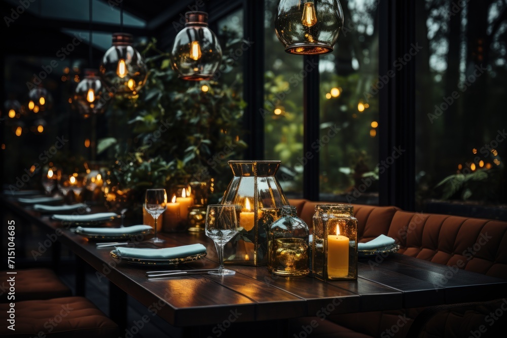 a long table with a lot of candles on it and a lot of plates and glasses on top of it. a long table with a lot of candles on it and a lot of plates and glasses on top of it.