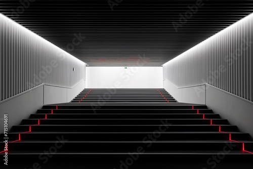 Minimalist Architectural Beauty: Staircase with Sleek Lines and Red Accent Lighting Leading to a Bright Entrance, Ideal for Modern Design and Architecture Concepts