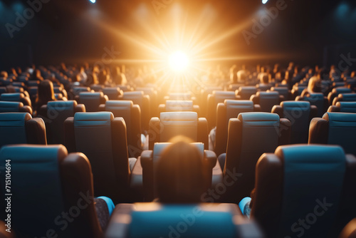 Premiere Ready: Modern Cinema Hall with Rows of Comfortable Blue Seats Awaiting an Audience, Illuminated by a Dramatic Sunset Glow for Film and Event Promotion
