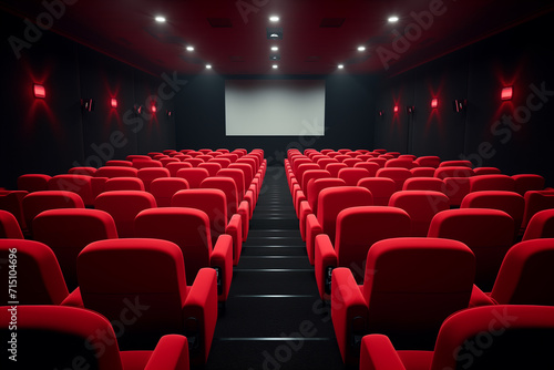 Sleek Modern Cinema Hall with Rows of Empty Red Seats Facing a Large Blank Screen - Ready for an Audience and Movie Premiere