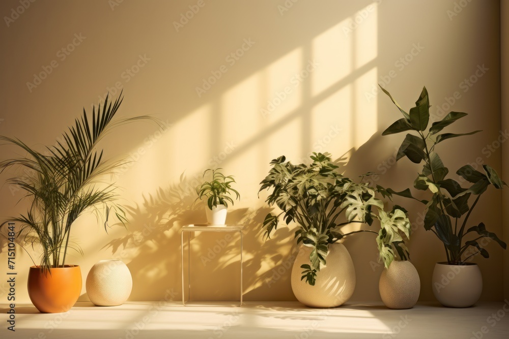  a group of potted plants sitting next to each other on a table in a room with sunlight coming through the window.