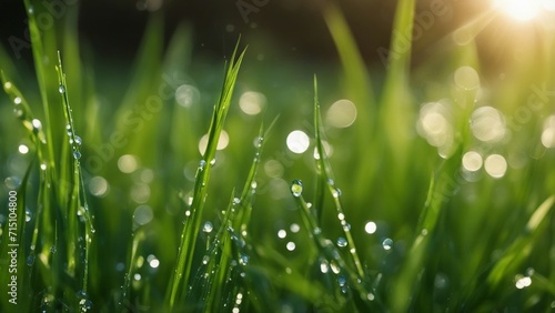 dew on grass a nature scene with green grass and water drops sparkling in the sunlight on a blurred background 