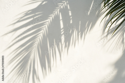 Tropical Palm Leaf Shadows on White Wall Texture, Abstract shadows of palm leaves cast on a textured white wall, creating a natural pattern