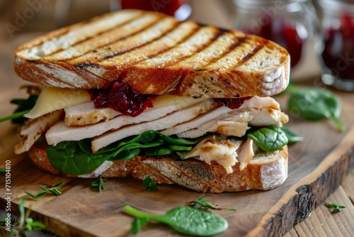 Delicious turkey sandwich with brie  spinach  and cranberry sauce