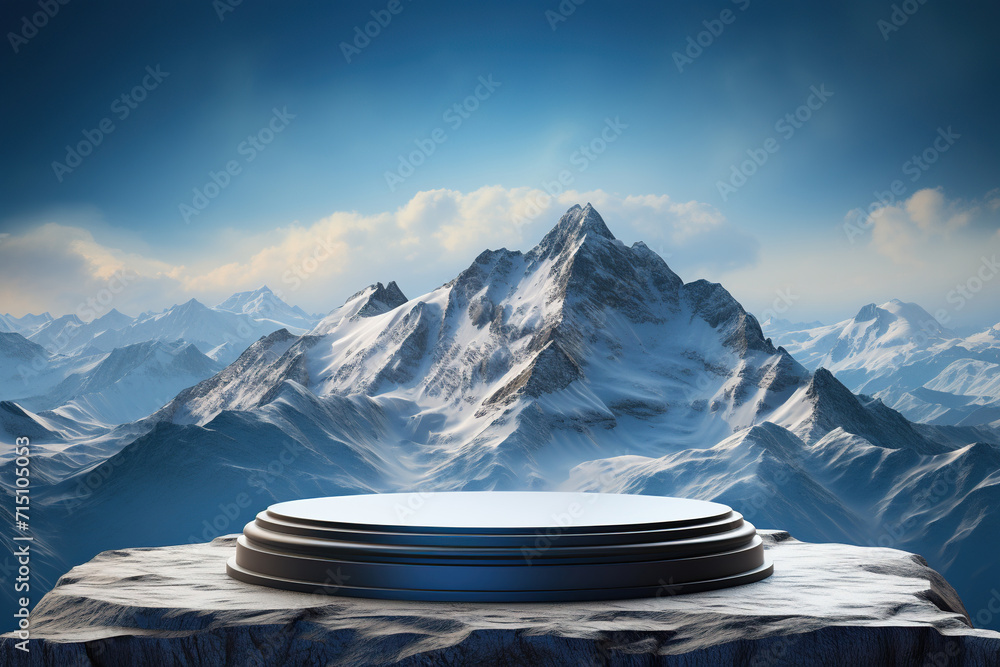 3d podium on top among the mountains. Podium, stage for product presentation. Generated by artificial intelligence - obrazy, fototapety, plakaty 