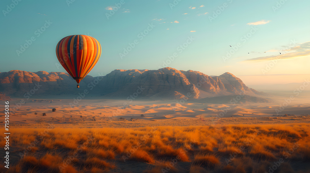 hot air balloon over region country at sunset