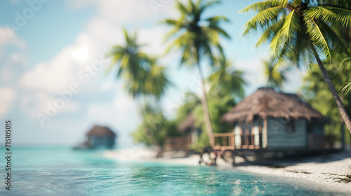 Private overwater villa in Maldives with a blurred island and palms, Secluded Overwater Villa with Blurry Tropical Island Backdrop