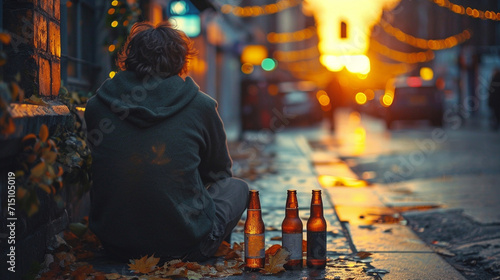 Depressed man drinking alcohol outdoors in the evening photo